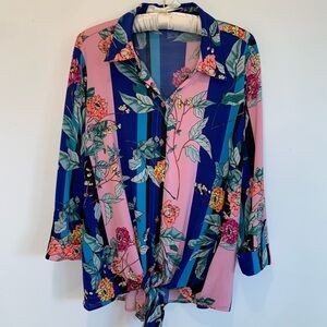 Nygard Satin Floral Tie Waist Button Down Top